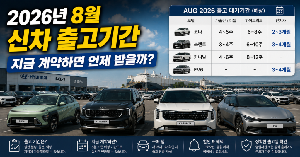 2026년 8월 현대 기아 신차 출고기간 코나 쏘렌토 카니발 비교