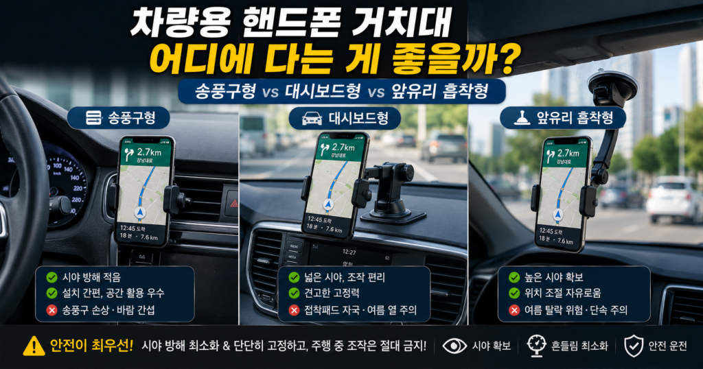차량용 핸드폰 거치대 송풍구 대시보드 흡착식 위치 비교