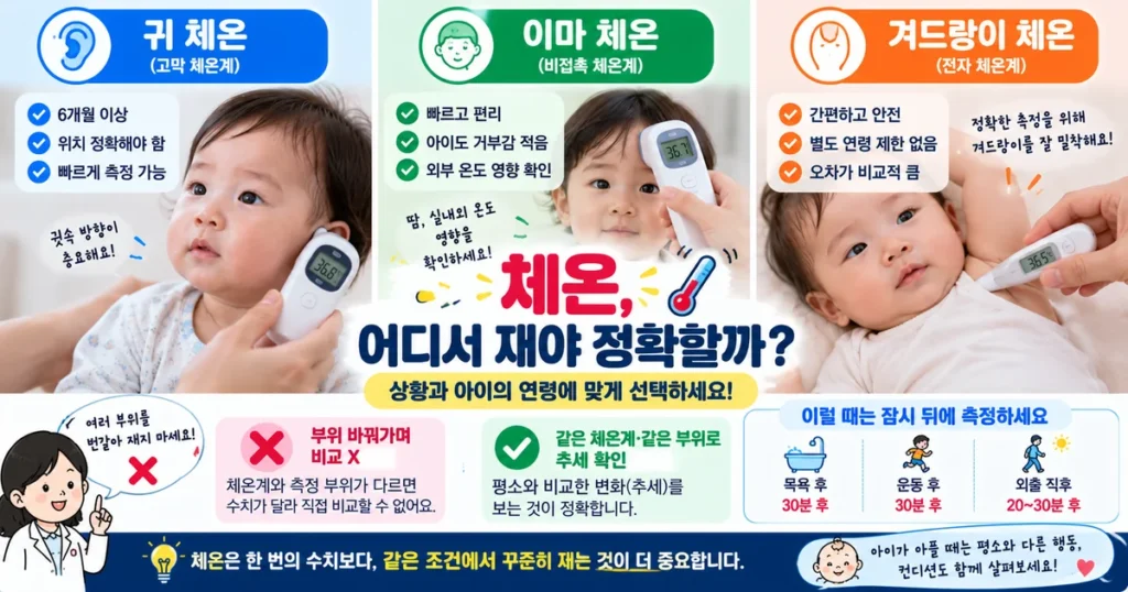 아이 귀 이마 겨드랑이 체온 측정 차이와 올바른 유아 체온계 사용법