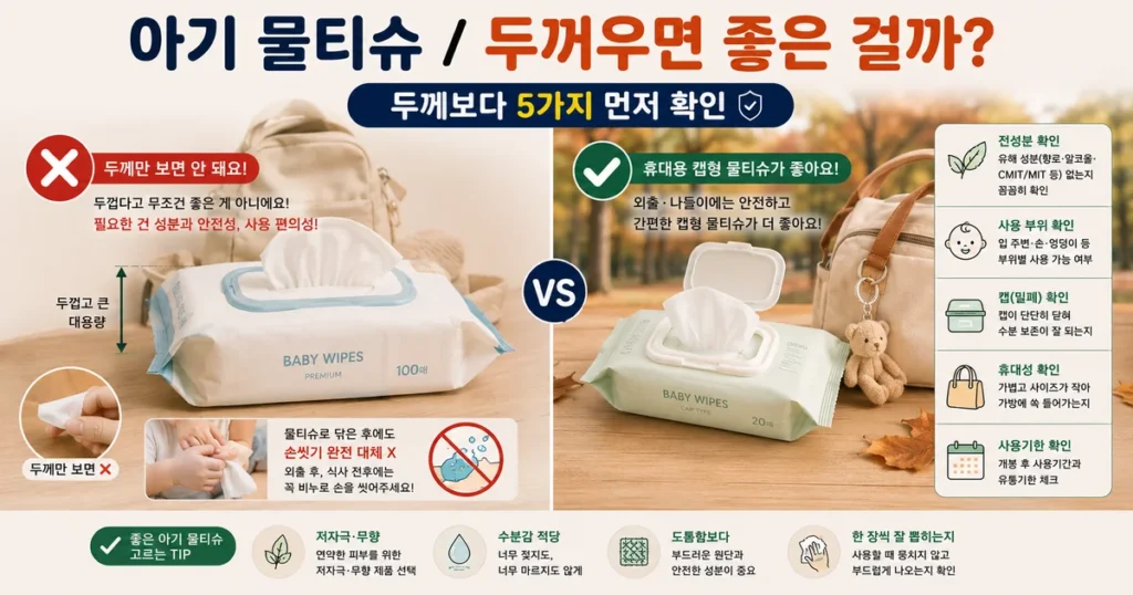 외출용 아기 물티슈 전성분 두께 캡 휴대성 사용기한 비교
