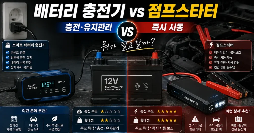 자동차 배터리 충전기와 점프스타터 용도 차이 비교