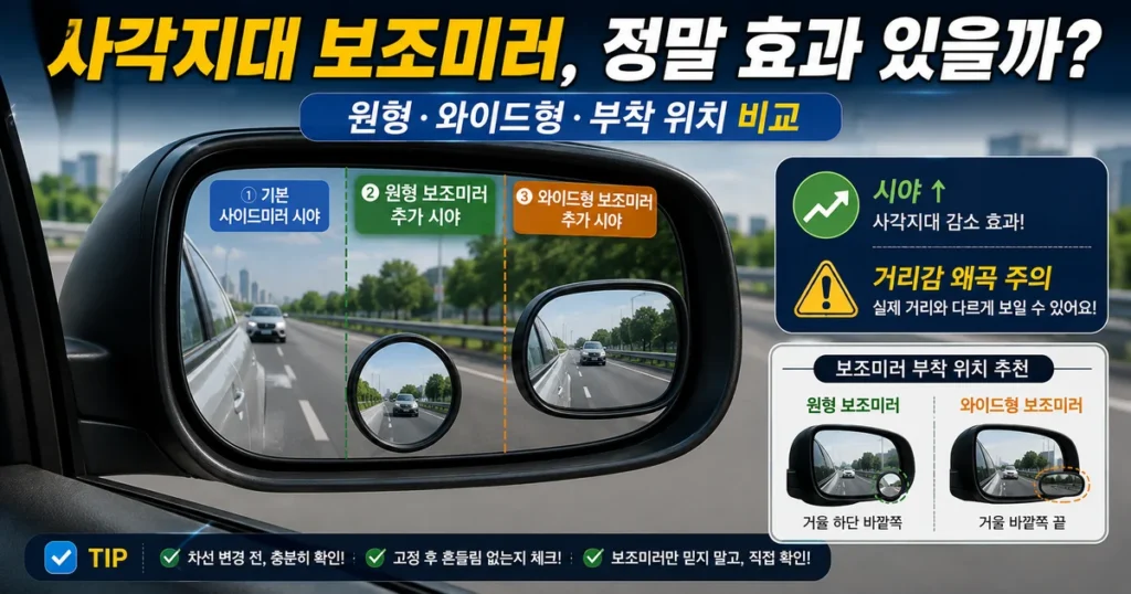 자동차 사이드미러 사각지대 원형 와이드 보조미러 시야와 거리 왜곡 비교