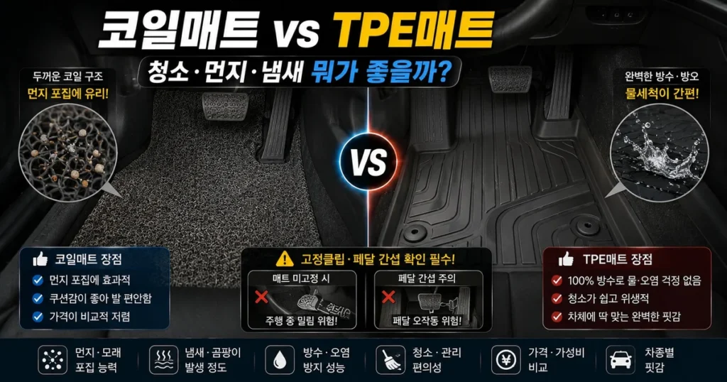 자동차 코일매트와 TPE매트 청소 먼지 페달 간섭 비교
