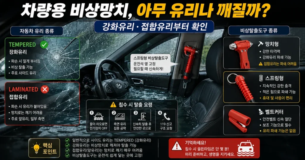 차량 침수 탈출용 비상망치와 강화유리 접합유리 차이