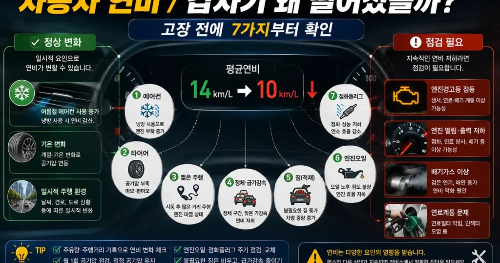 자동차 연비 갑자기 떨어지는 에어컨 타이어 공기압 엔진 점화플러그 원인 7가지