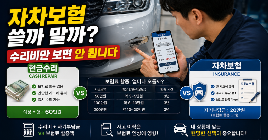 자동차 사고 자차보험 처리와 현금수리 자기부담금 비교