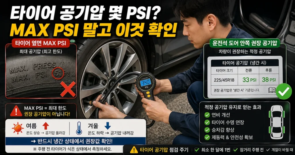 자동차 타이어 적정 공기압과 MAX PSI 냉간 공기압 차이