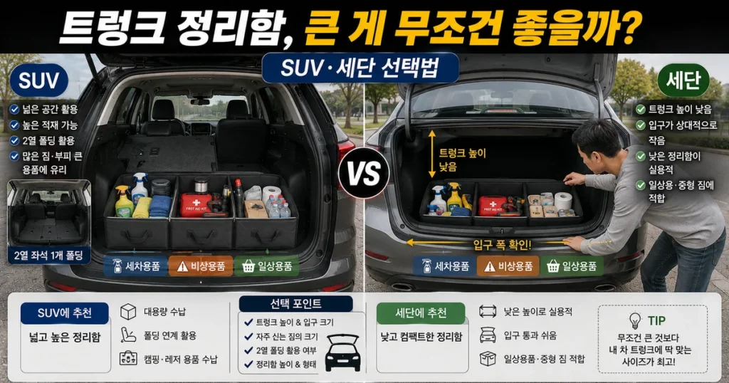 SUV와 세단 자동차 트렁크 정리함 크기 고정방식 선택법 비교