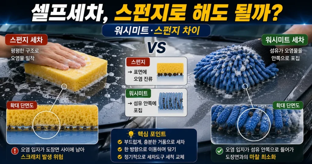 셀프세차 극세사 워시미트와 세차스펀지 오염물 포집 방식 비교