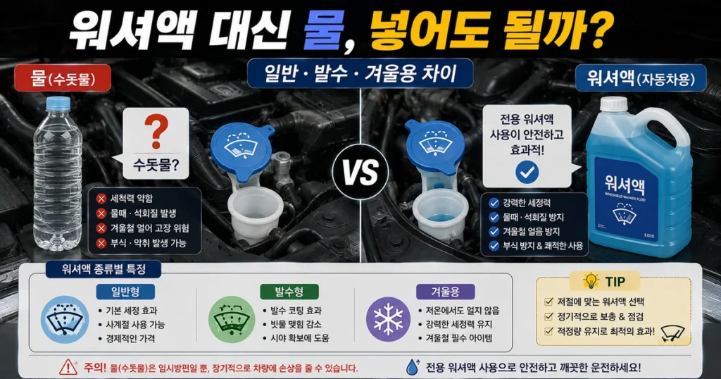 자동차 워셔액 대신 물 사용과 일반 발수 겨울용 워셔액 차이