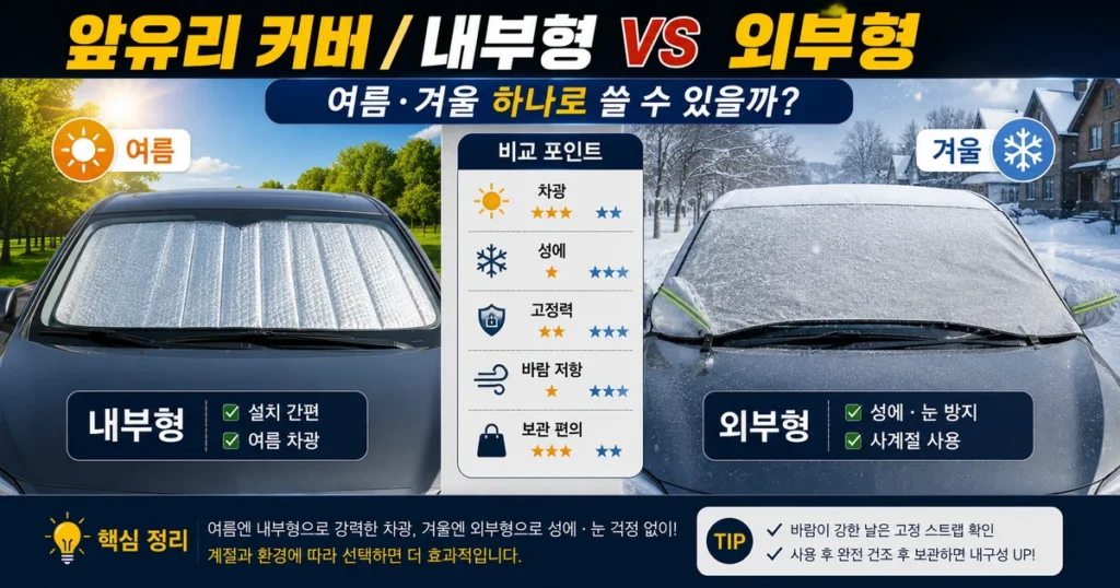 자동차 앞유리 내부 햇빛가리개와 외부 성에방지 커버 여름 겨울 비교