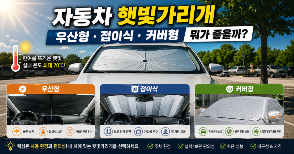 자동차 앞유리 햇빛가리개 우산형 접이식 커버형 비교