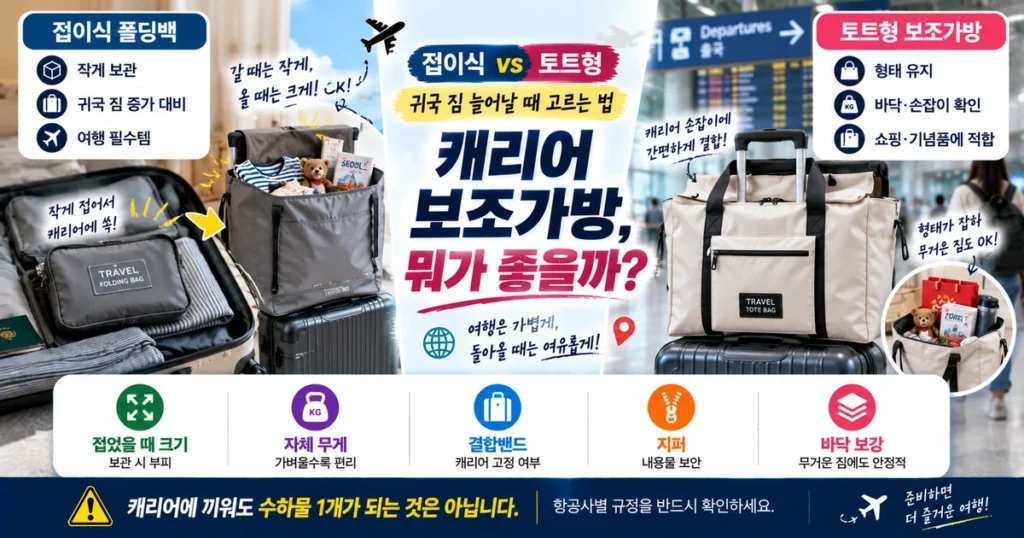 캐리어 보조가방 접이식과 토트형의 수납 구조와 캐리어 결합 방식 비교