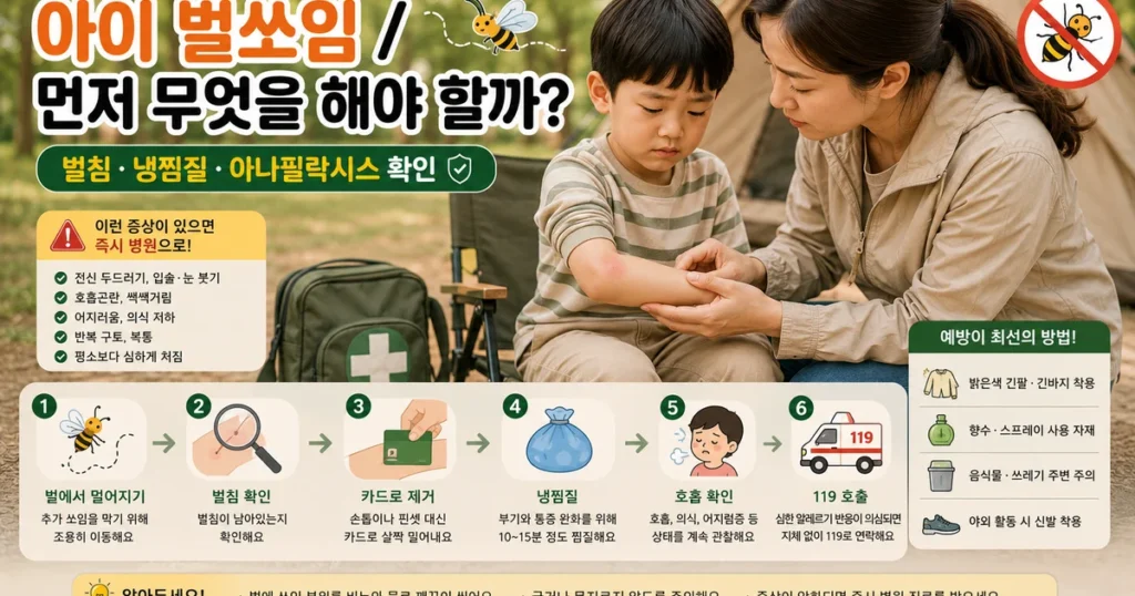 아이 벌에 쏘였을 때 벌침 제거 냉찜질 아나필락시스 119 응급처치