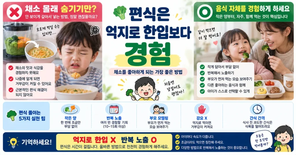 5세 아이 채소 편식 반복 노출 작은 양 부모 식사 모델링 비교