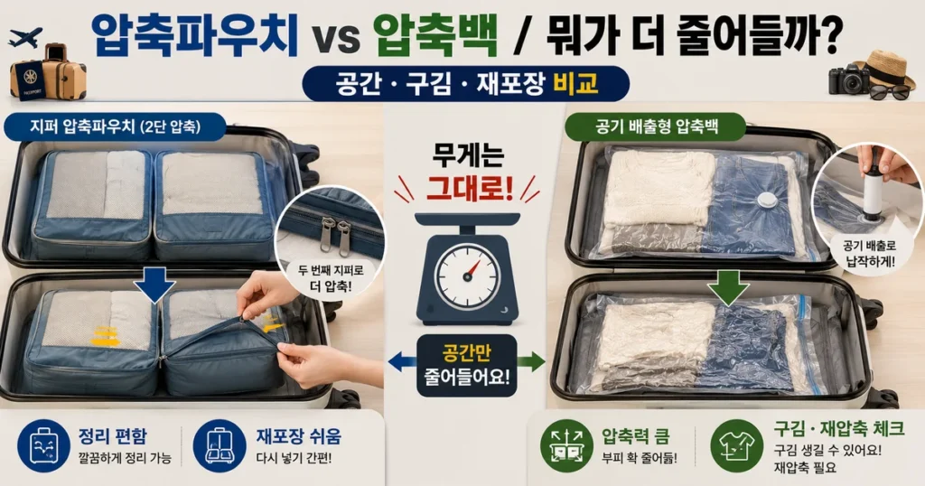 여행용 압축파우치 캐리어 압축백 지퍼형 공기 배출형 공간 비교