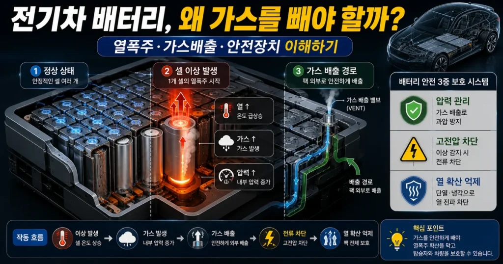 전기차 배터리 열폭주 시 가스 압력 발생과 가스배출장치 안전구조