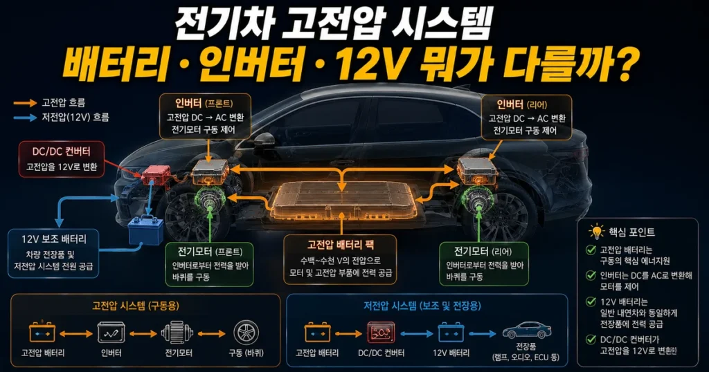 전기차 고전압 배터리 인버터 DC DC 컨버터 12V 배터리 역할 비교