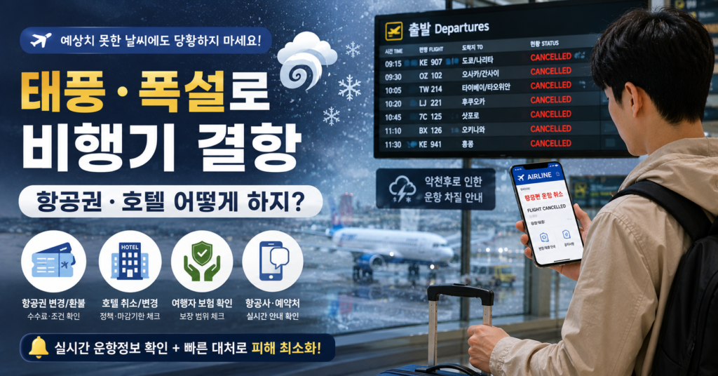 태풍 폭설 항공편 결항 항공권 환불 호텔 취소 대처법