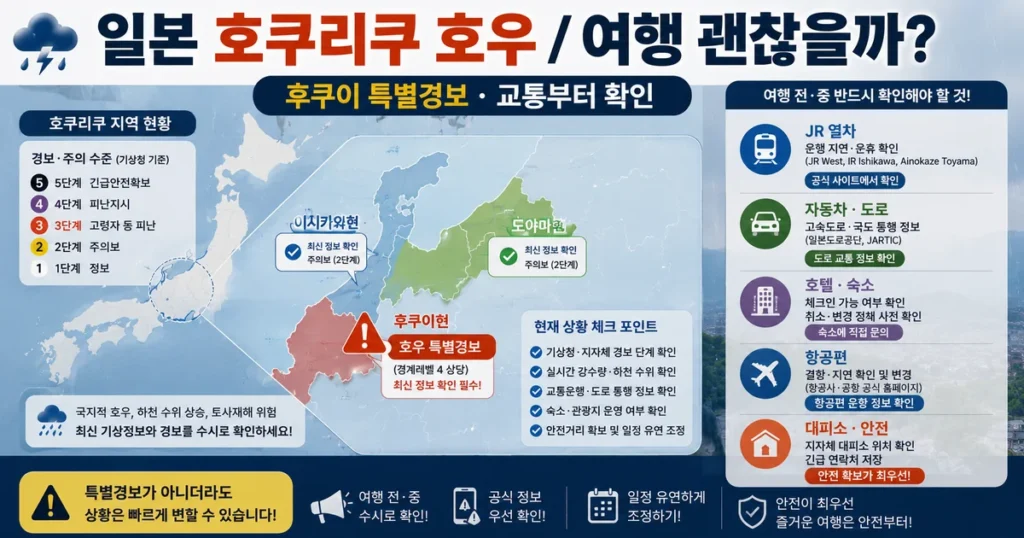 일본 후쿠이 호우 특별경보 도야마 이시카와 호쿠리쿠 여행 안전정보
