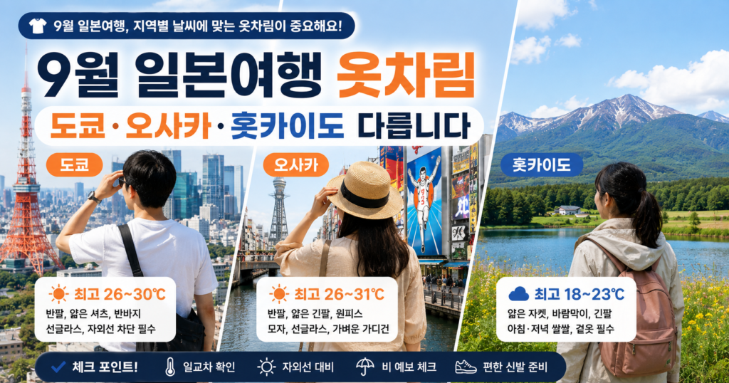 9월 일본 날씨 도쿄 오사카 후쿠오카 홋카이도 여행 옷차림 비교