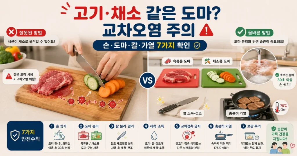 아이 음식 생고기와 채소 도마 교차오염 병원성대장균 예방