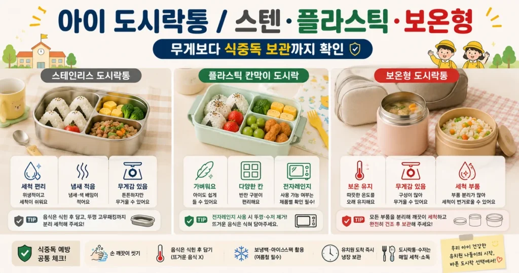 어린이 도시락통 스테인리스 플라스틱 보온 도시락 무게 밀폐 식중독 비교