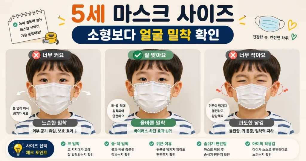 5세 어린이 마스크 사이즈와 KF80 KF94 얼굴 밀착 비교