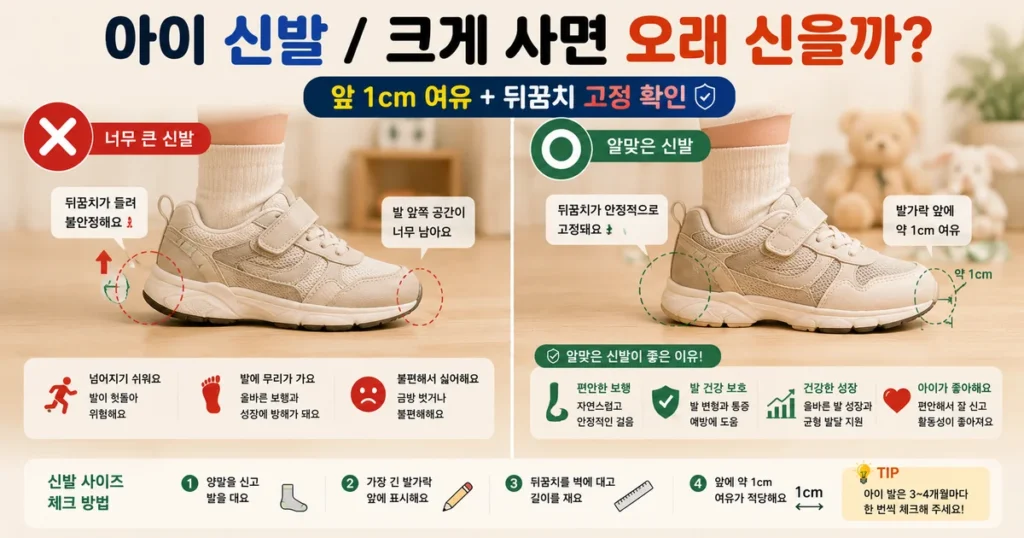 세 유아 신발 사이즈 앞쪽 1cm 성장 여유와 뒤꿈치 고정 확인 방법