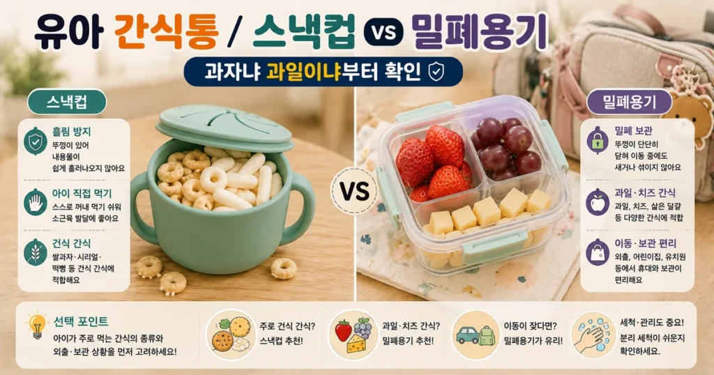 유아 간식통 실리콘 스낵컵과 밀폐용기 과자 과일 보관 비교