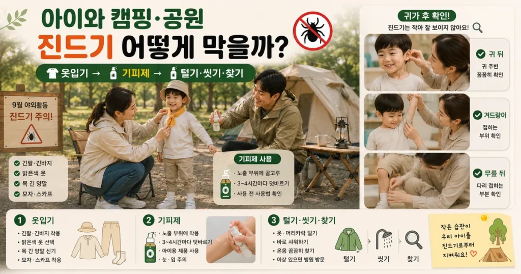 아이와 캠핑 공원 가을 야외활동 진드기 물림 예방과 기피제 사용
