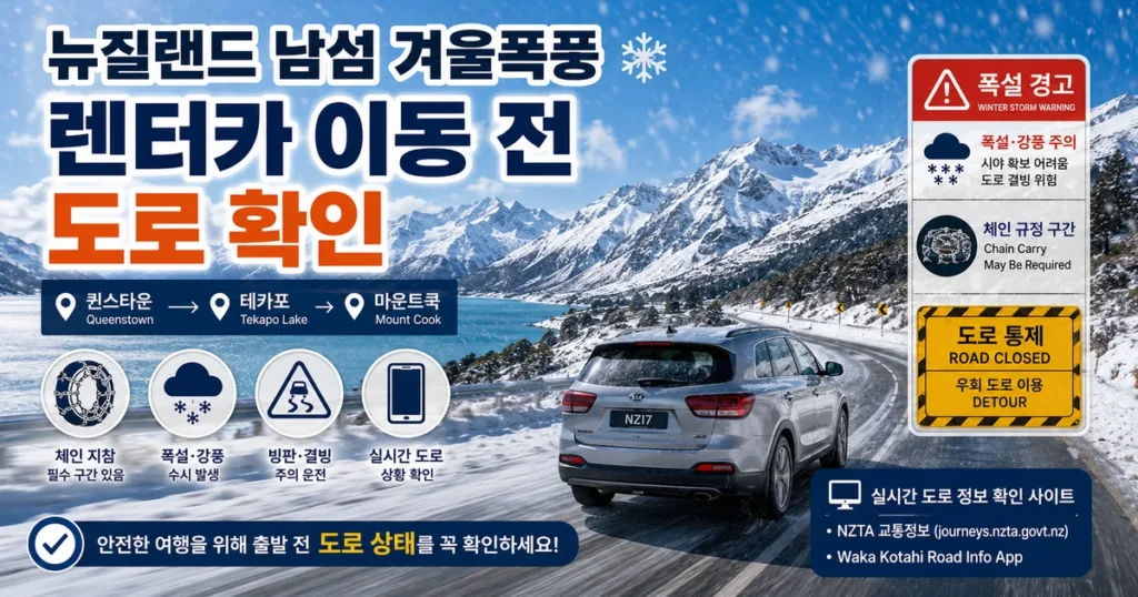 뉴질랜드 남섬 겨울폭풍 폭설 퀸스타운 렌터카 도로 주의