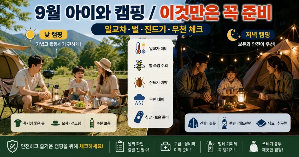 9월 캠핑 아이와 가을 캠핑 옷차림 벌 진드기 침낭 준비물