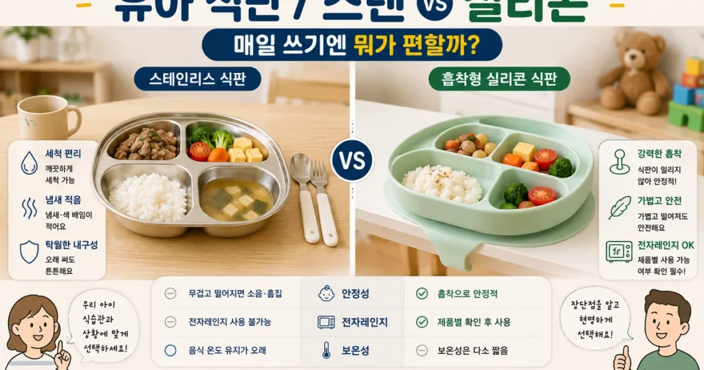 유아 식판 스테인리스와 실리콘 식판 흡착 세척 전자레인지 비교