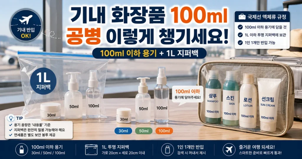 여행용 공병 국제선 기내 화장품 100ml 액체류 1L 지퍼백 규정