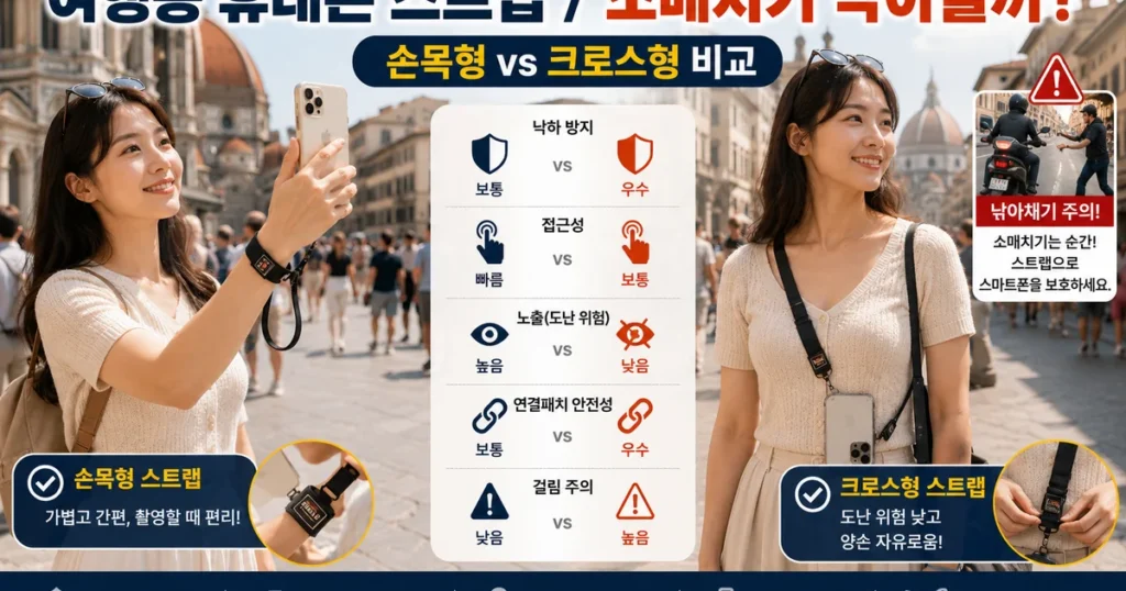 해외여행 휴대폰 스트랩 손목형 크로스형 소매치기 방지 비교
