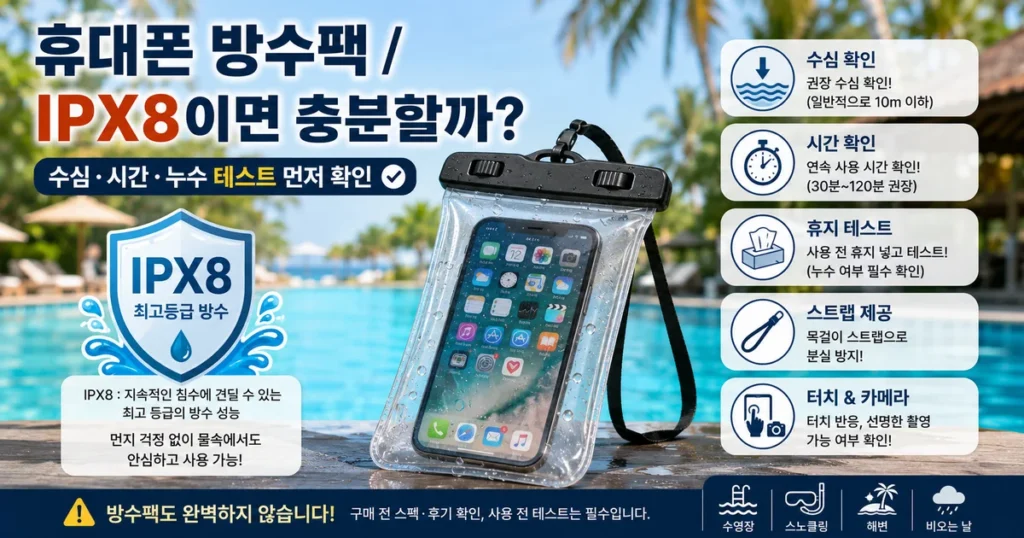 휴대폰 방수팩 IPX8 여행용 방수팩 수영 스노클링 누수 테스트