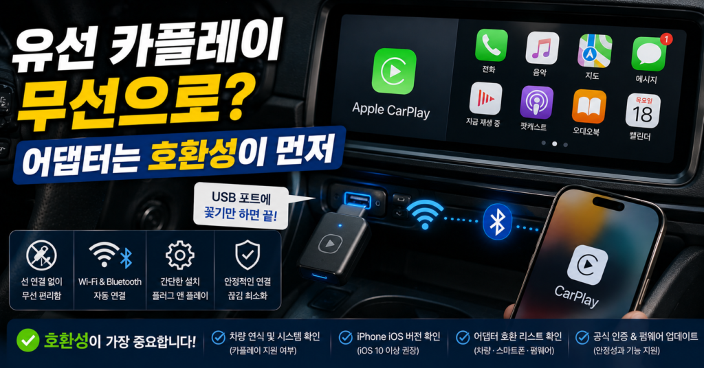 유선 카플레이를 무선으로 연결하는 무선 카플레이 어댑터 사용 구조