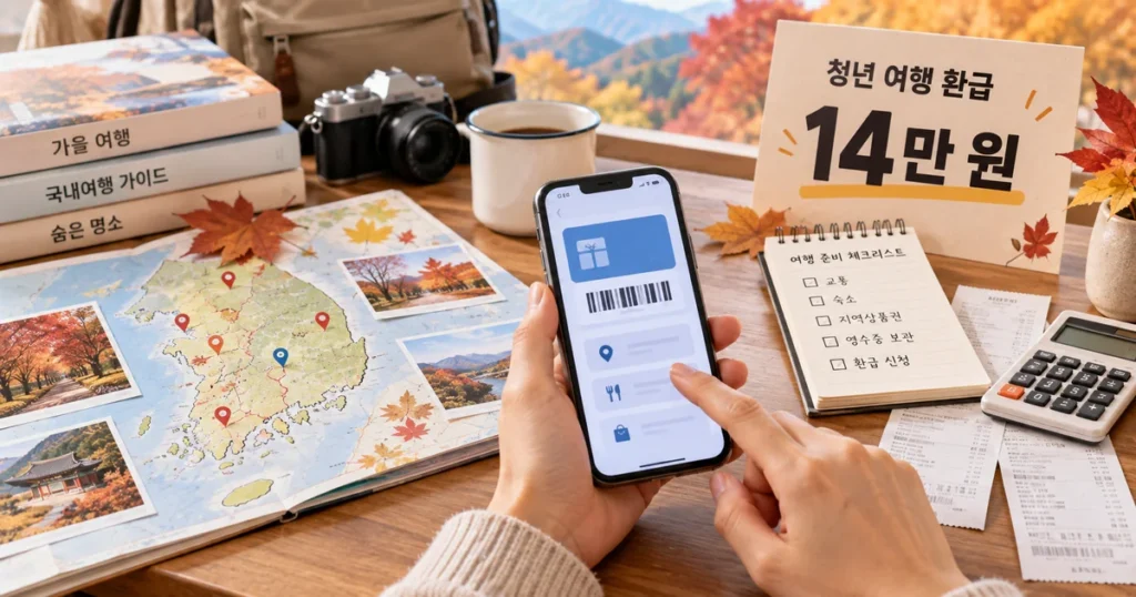 가을 국내여행 경비 영수증과 지역상품권 화면을 보며 최대 14만 원 환급 조건을 확인하는 모습