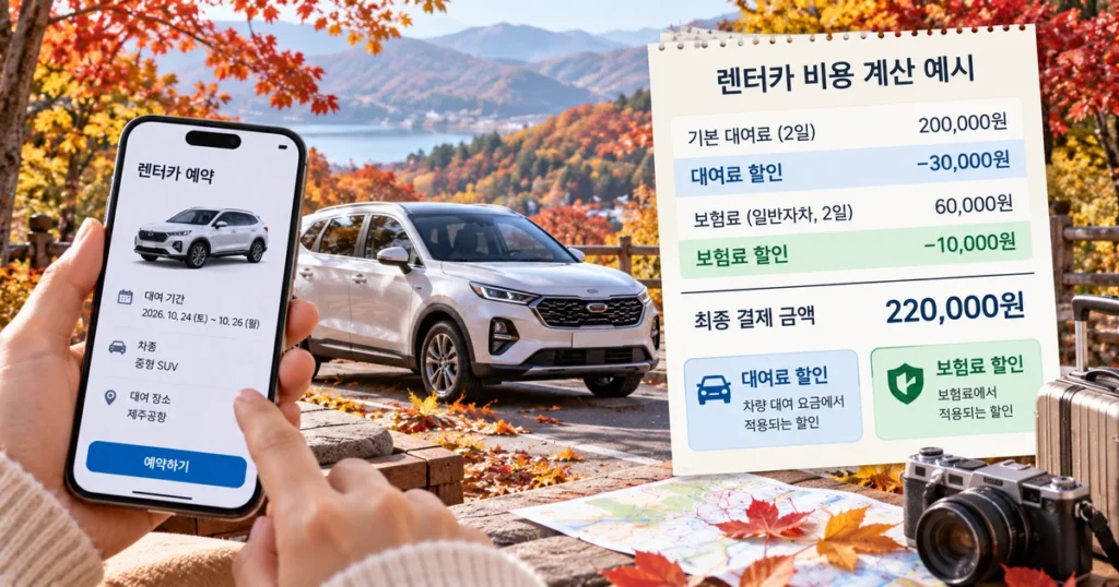 2026 여행가는 가을 렌터카 대여료 60%와 보험료 10% 할인을 비교해 최종 비용을 계산하는 모습