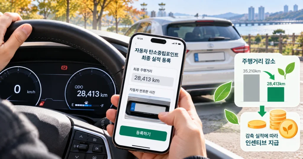 자동차 탄소중립포인트 참여자가 차량 계기판의 누적 주행거리를 확인하고 최종 실적을 등록하는 모습