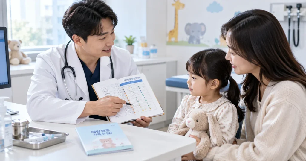 소아청소년과에서 보호자와 어린이가 코로나19 예방접종에 관해 상담하는 모습
