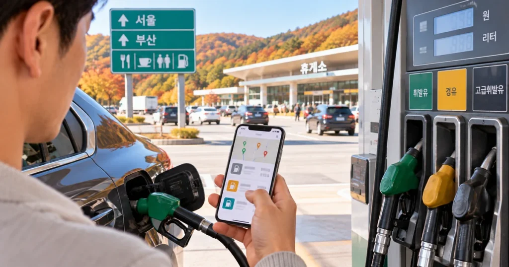 추석 귀성길 운전자가 고속도로 주유소에서 휘발유·경유 가격과 할인 적용 여부를 확인하는 모습