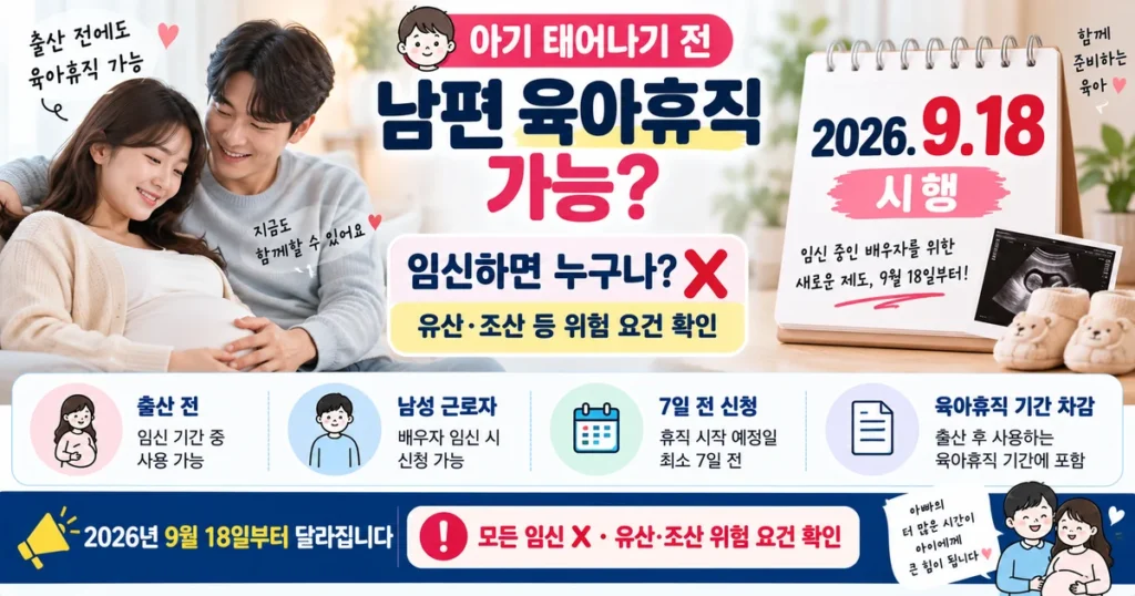 2026년 9월 18일 임신 중 배우자 남편 출산 전 육아휴직 대상 신청기한