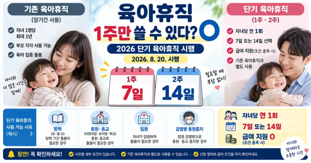 2026 단기 육아휴직 1주 2주 사용 대상 급여 신청방법