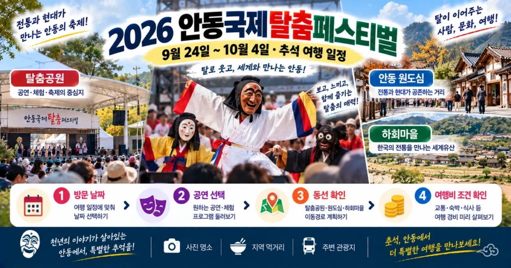 안동국제탈춤페스티벌의 탈춤 공연과 추석 안동 여행 동선을 안내하는 이미지