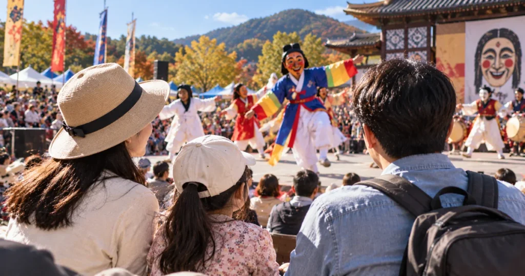 2026 안동국제탈춤페스티벌에서 아이와 함께 전통 탈춤 공연을 관람하는 가족