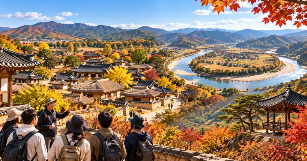 가을 안동 하회마을과 예천 회룡포 등 국가유산 5곳을 답사하는 여행 모습