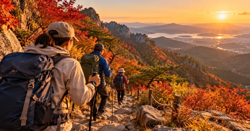 가을 단풍산행에서 일몰 전 하산시간을 계산하며 등산 일정을 확인하는 모습