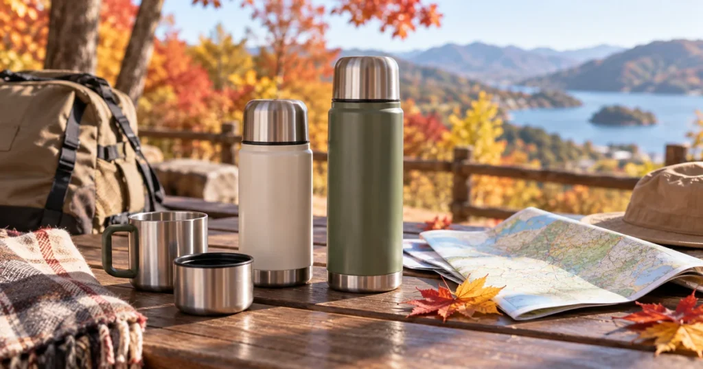가을여행용 350ml와 500ml 보온병의 크기와 휴대성을 비교하는 모습